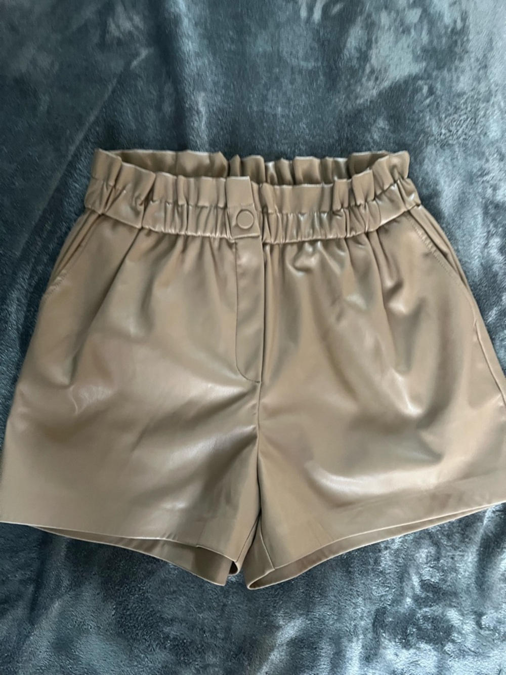 High-Waist Faux Leather Shorts in Taupe